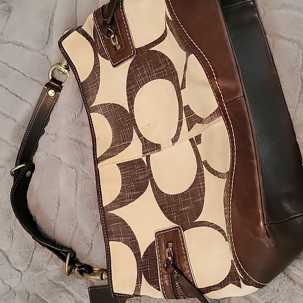 Coach Legacy Linen Brown Leather Shoulder Bag Tote Bag Women’s